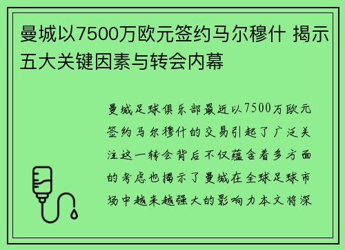 曼城以7500万欧元签约马尔穆什 揭示五大关键因素与转会内幕